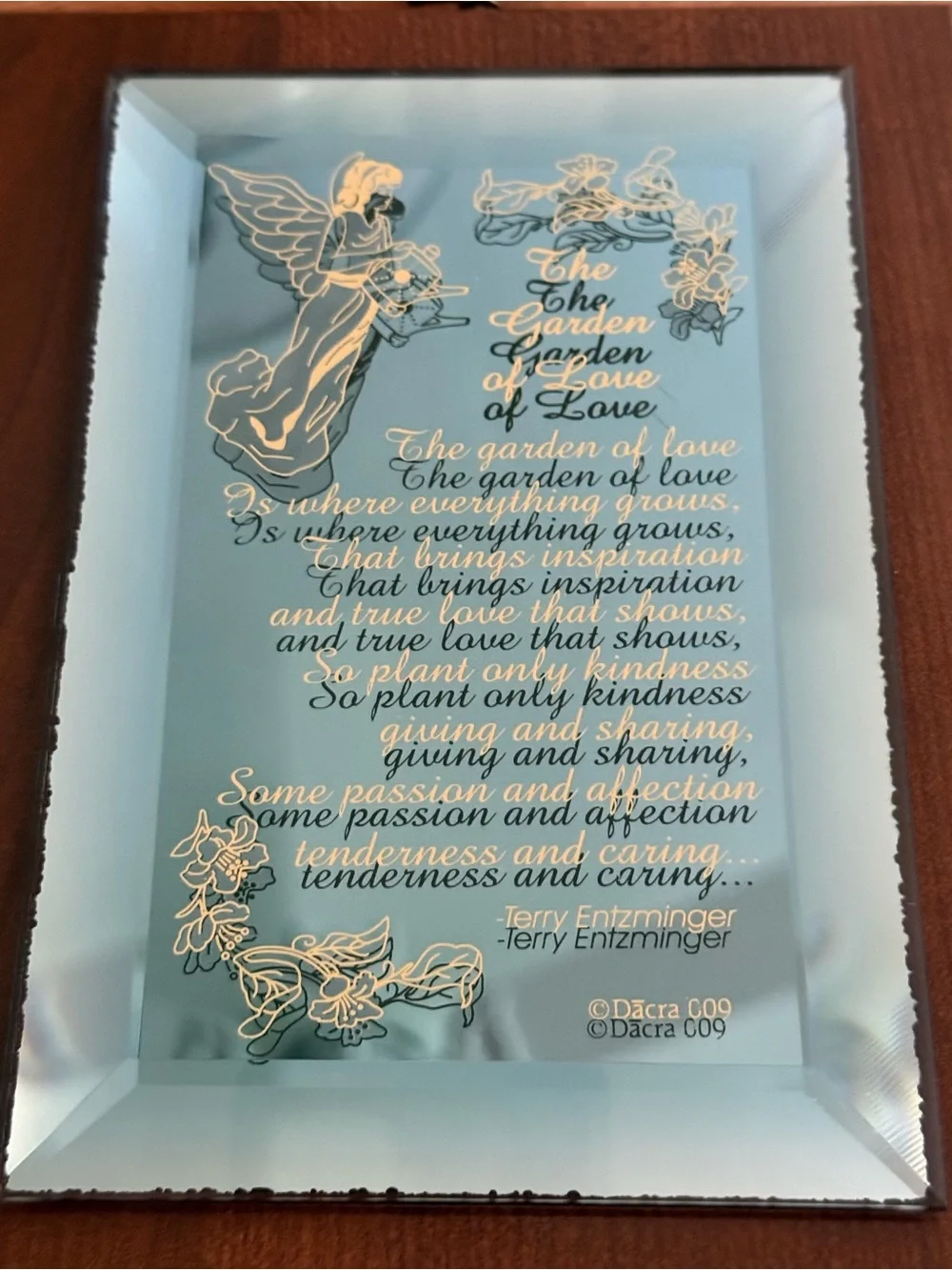 Vintage Engraved Angel Mirrored Plaque in Wood Frame - Blue Mirror